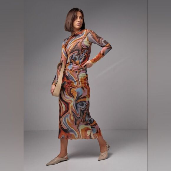 ZARA SET Printed tulle โSet Top And Skirt Organge Beige Brown Combiation - Picture 6 of 16